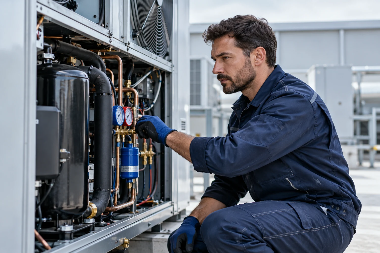 Técnico revisando una unidad de refrigeración comercial